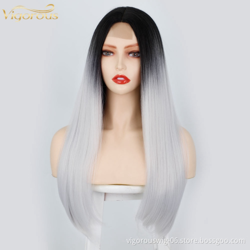 2 Tone Color Ombre Wigs Lace Front for Women Synthetic Long Straight Middle Part Heat Resistant Fiber Hair Natural Looking Wig